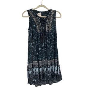 Knox Rose Boho Print Tassel Green Blue Sleeveless Rayon Dress Women’s XS